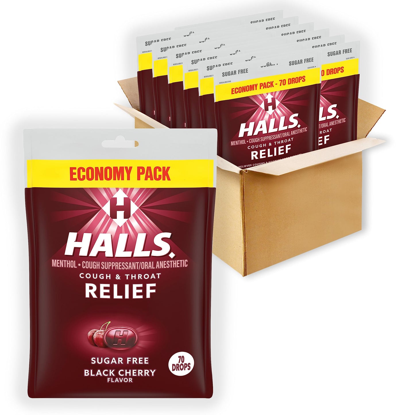 HALLS Relief Sugar Free Black Cherry Flavor Cough Drops, Economy Pack, 12 Bags (840 Total Drops)
