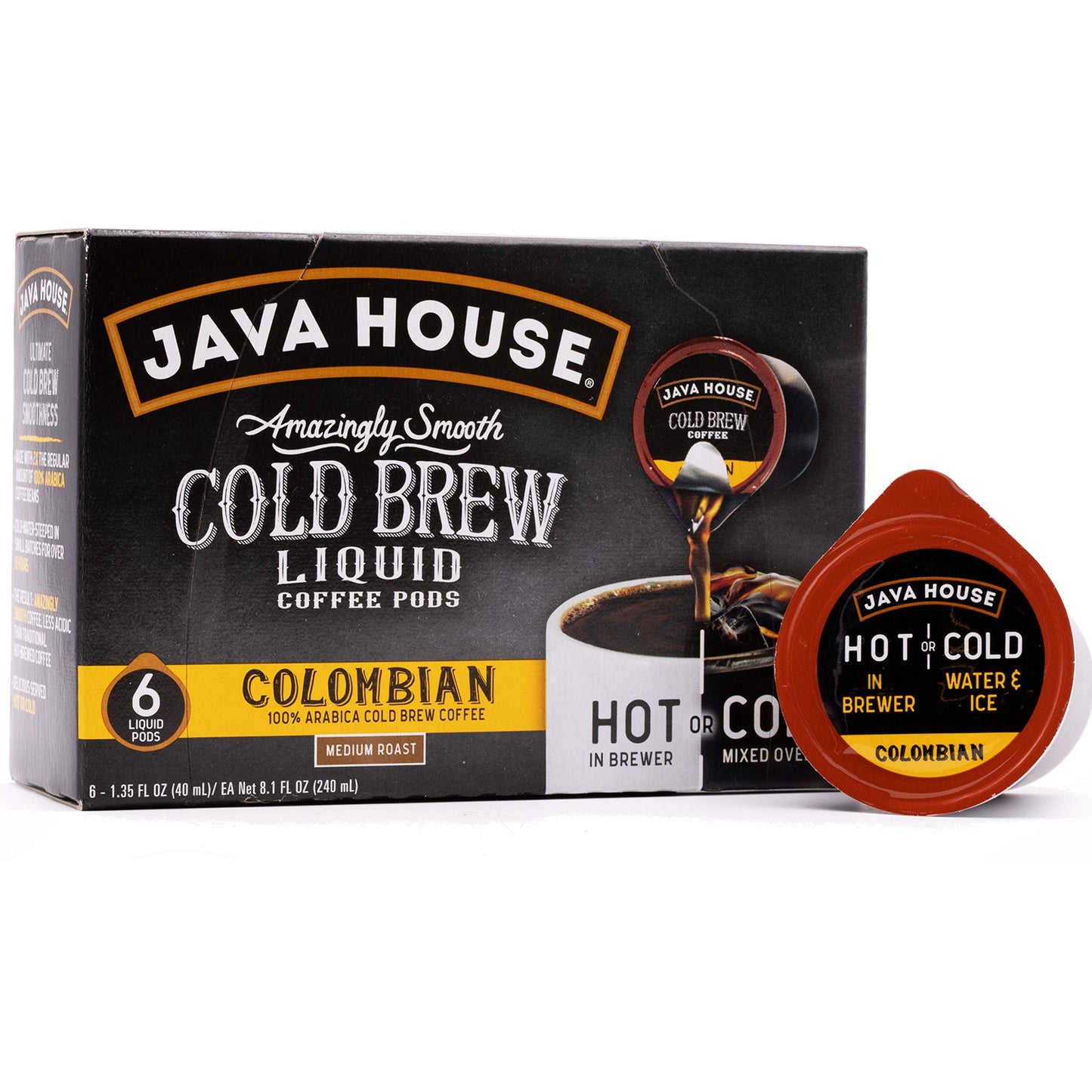 Java House Cold Brew Coffee, Colombian Medium Roast Coffee Concentrate Liquid Pods - 1.35 Fluid Ounces (6 Count) Enjoy Hot Or Ic