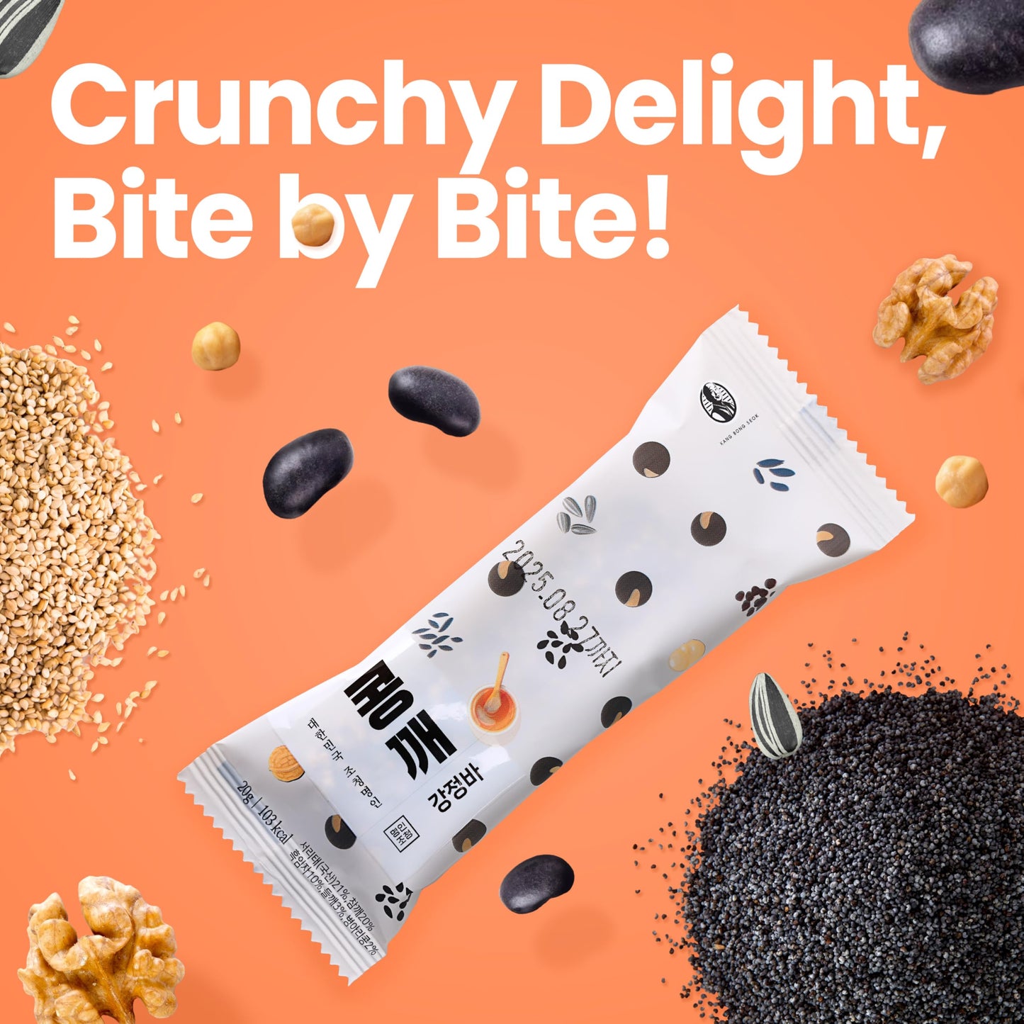 KANG BONG SEOK Soybean & Sesame Bars - Black, Roasted Grains & Nuts, 0.7 Ounce, 20 Counts