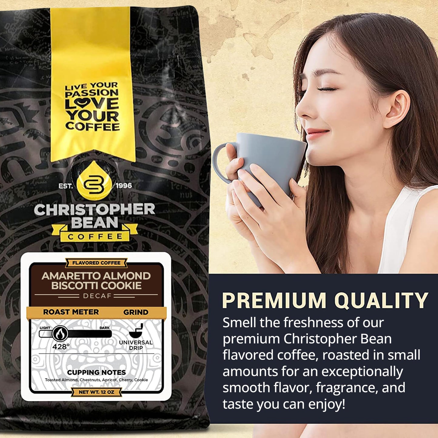 Christopher Bean Coffee - Certified Kosher, Decaf Ground Universal Drip Amaretto Almond Biscotti Coffee | Amaretto Flavored Medium Roast Coffee 100% Arabica, No Sugar, No Fats, Non-Gmo | 10-Ounce