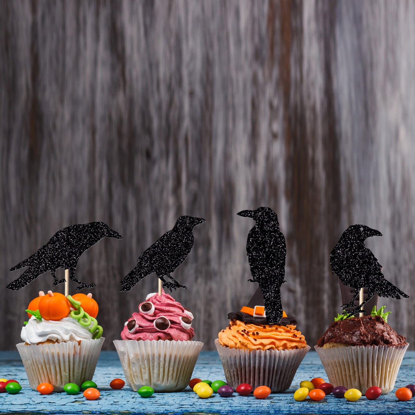 Leetaivie 24Pcs Black Glitter Crow Dessert Cupcake Toppers - Featured Halloween Themed Party Cake Topper (Black)
