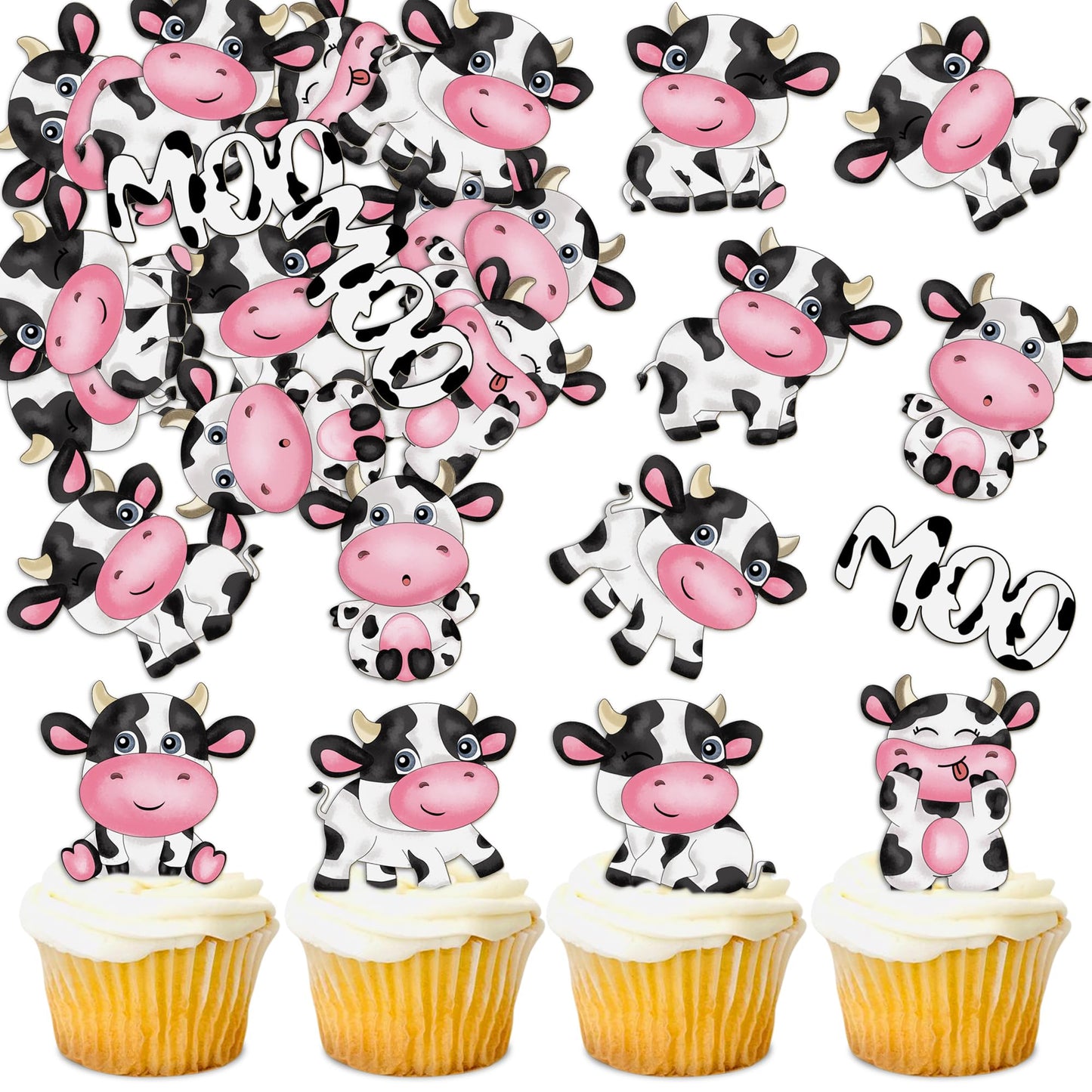 Cyodoos Edible Cow Cupcake Toppers - 40Pcs Wafer Paper Farm Animal Picks for Kids Birthday Party Decorations