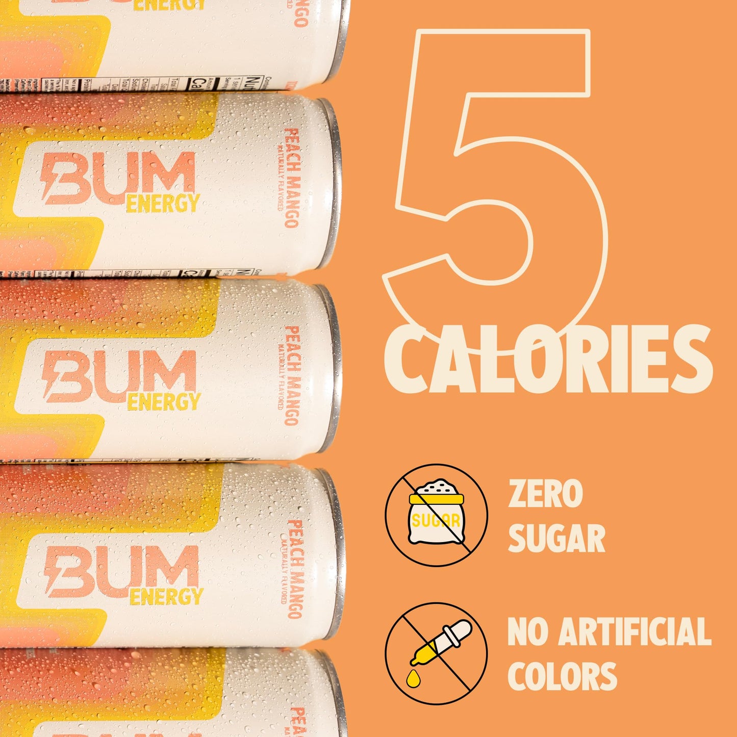 BUM Sugar-Free Energy Drink  Peach Mango - Lightly Carbonated & No Artificial Colors  Natural Caffeine & Citicoline for Energy & Focus  Brain Boost & Workout Sports Beverage - 12 oz  Pack of 12