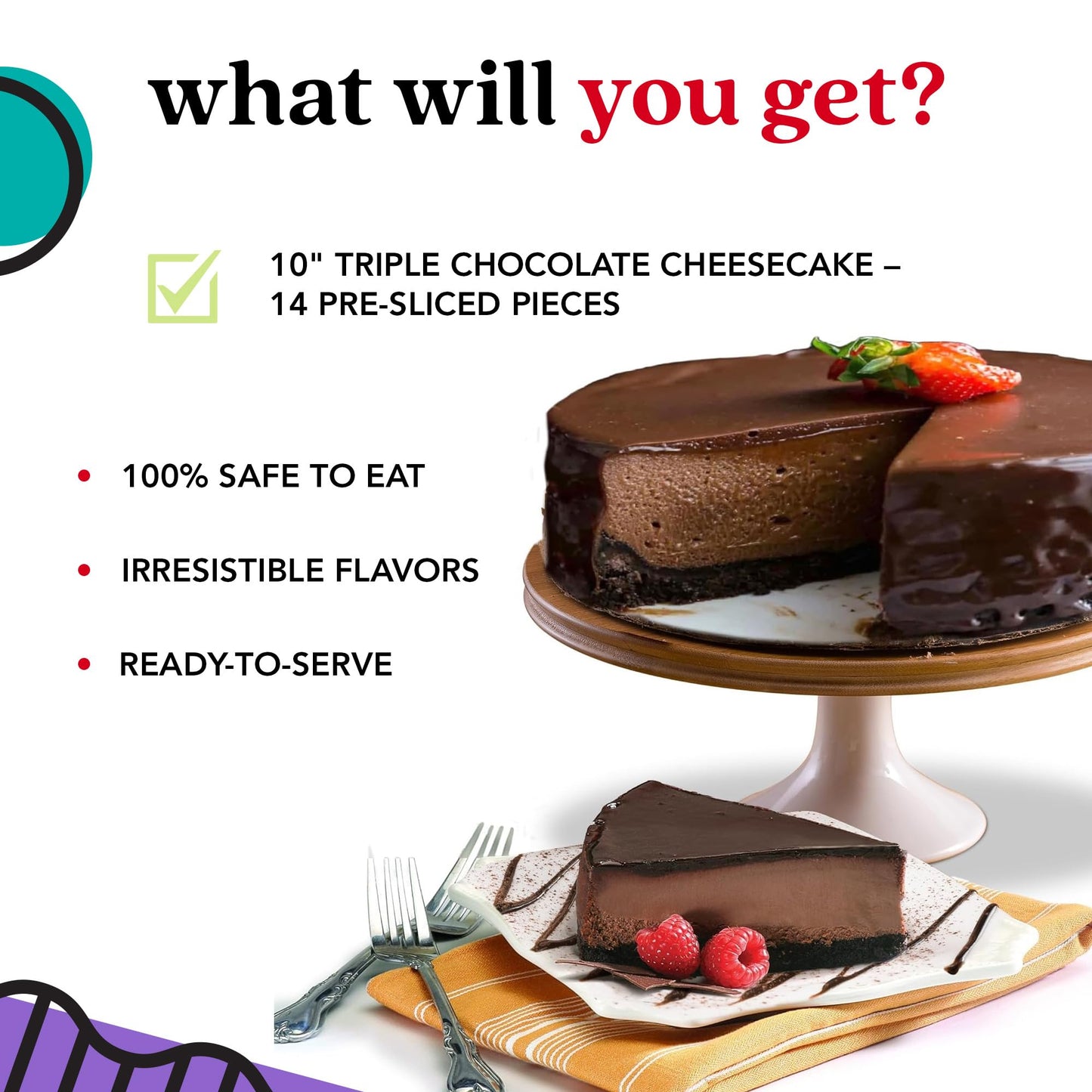 Davids Cookies Triple Chocolate Cheesecake, 10, Pre-sliced 14 pcs, 2 Pound, Perfect Dessert for Chocolate Lovers