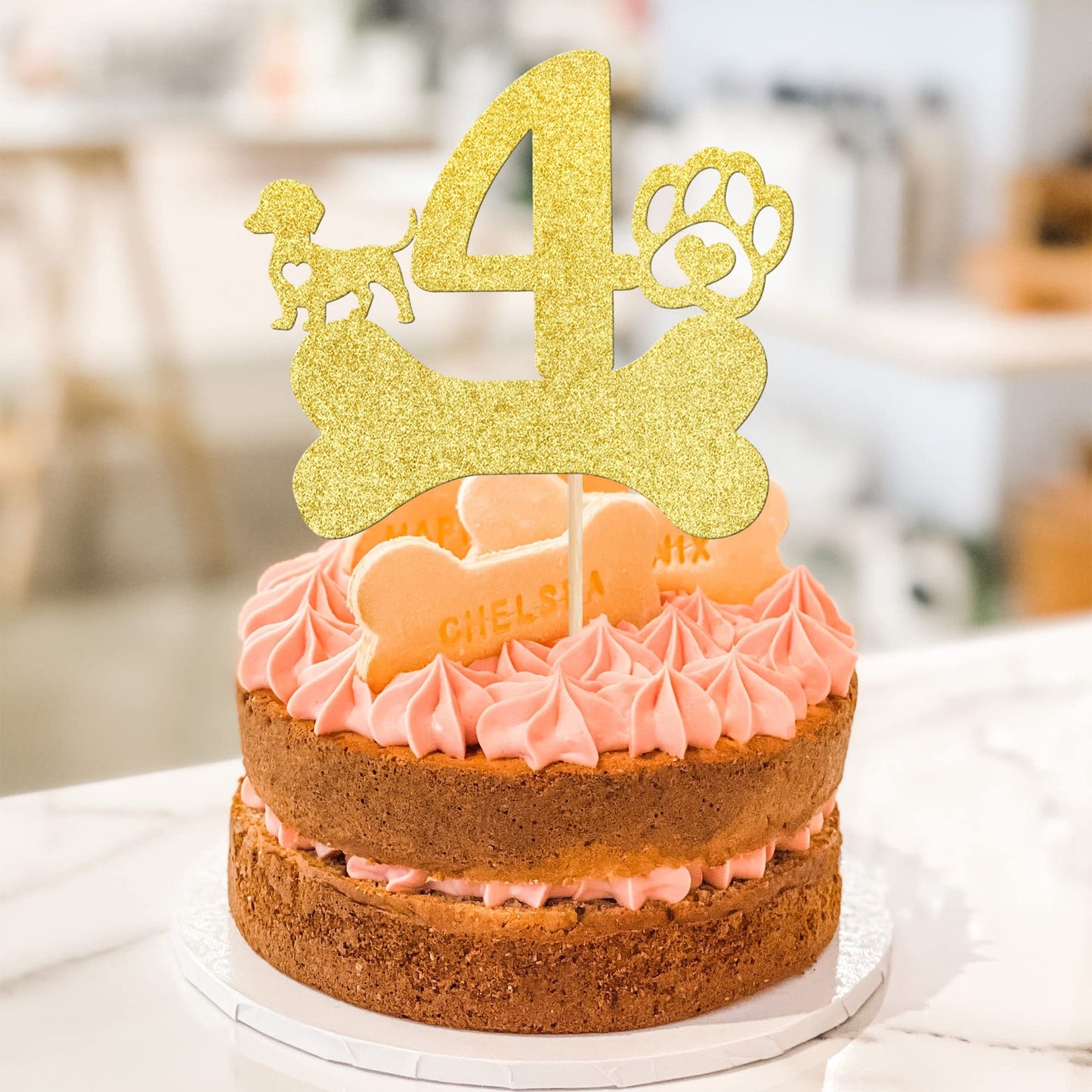 1 Pcs 4Th Birthday Cake Topper With Gold Glitter Dog Bone Four Years Old Birthday Cake Pick Puppy Dog Paw Cake Decorations For L