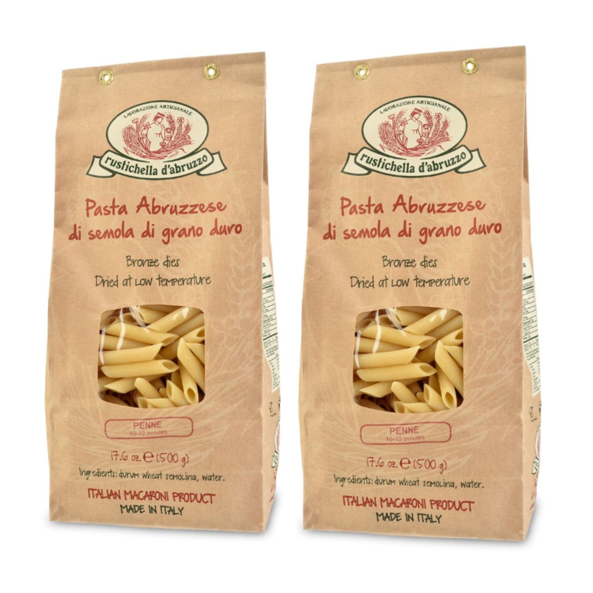 Rustichella D'Abruzzo Penne Pasta (Pack Of 2), 500G Each - Classic Durum Wheat Short Quill-Shaped Pasta - Perfect For Sauces And Baked Dishes - Cooks In 10-12 Minutes - Authentic Italian Pasta