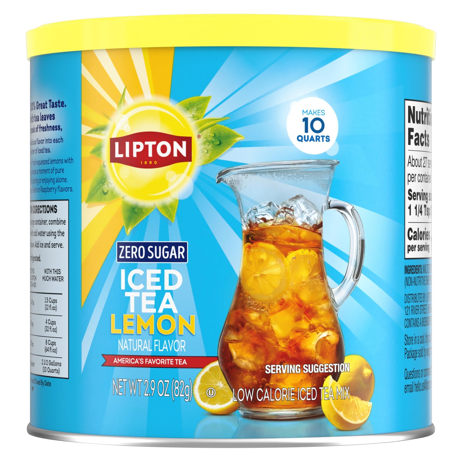 Lipton Diet Lemon Iced Tea Mix, Zero Sugar, Caffeinated, 10 Quarts Each, Pack of 2, 5.9 Ounce Total