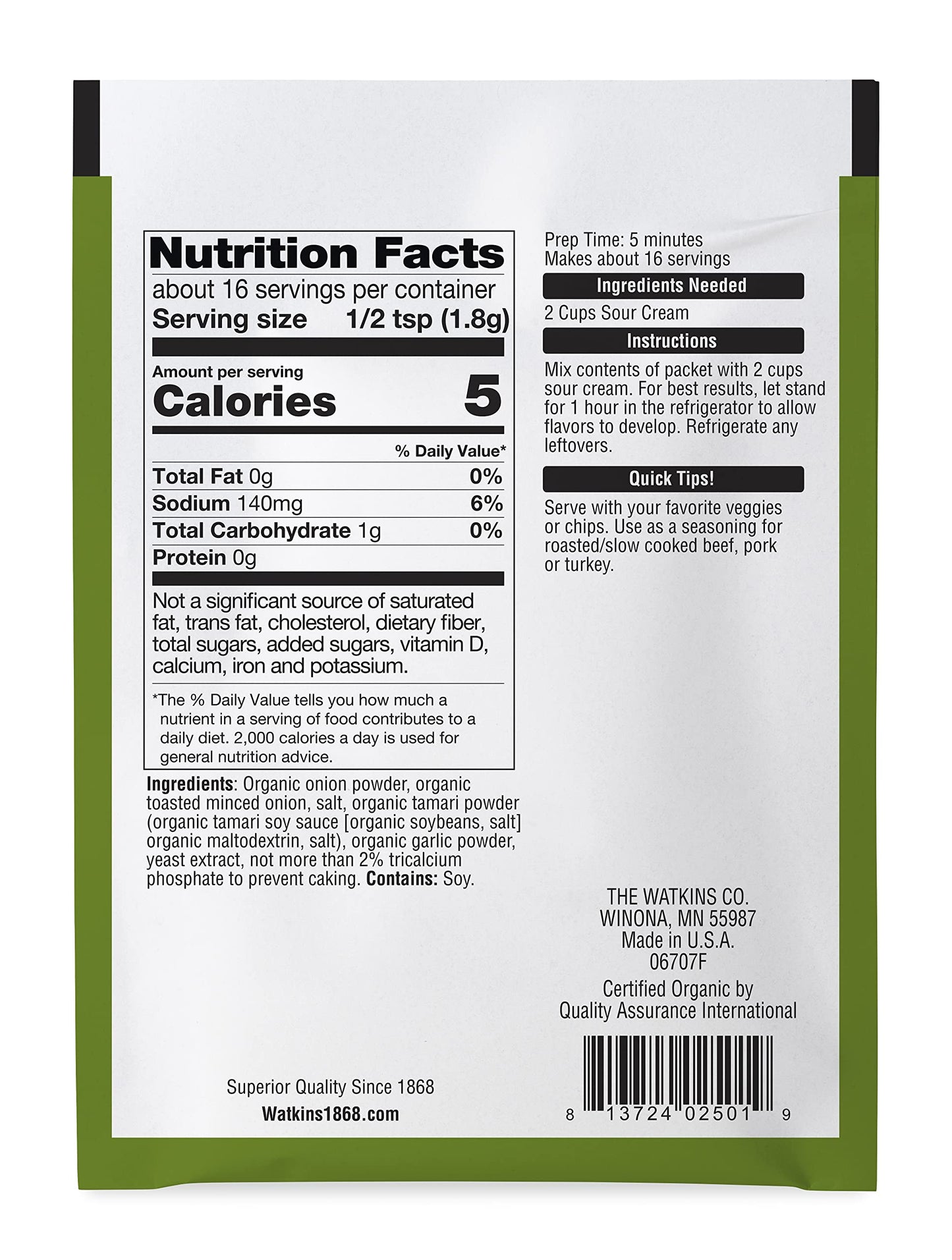 Watkins Organic Gourmet Dip Mix, Onion, 1.0 Oz. Packets, 12-Pack
