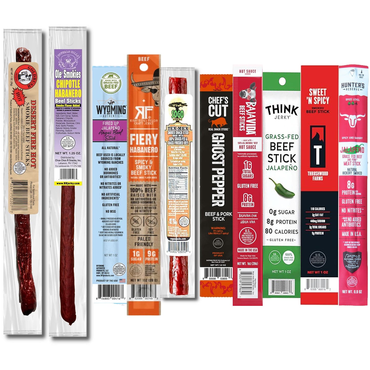 Spicy Meat Sticks Variety Pack (10 Count), Spicy Beef Jerky Gifts For Men, Hot Beef Jerky Gift Basket, Chili Stick High Protein