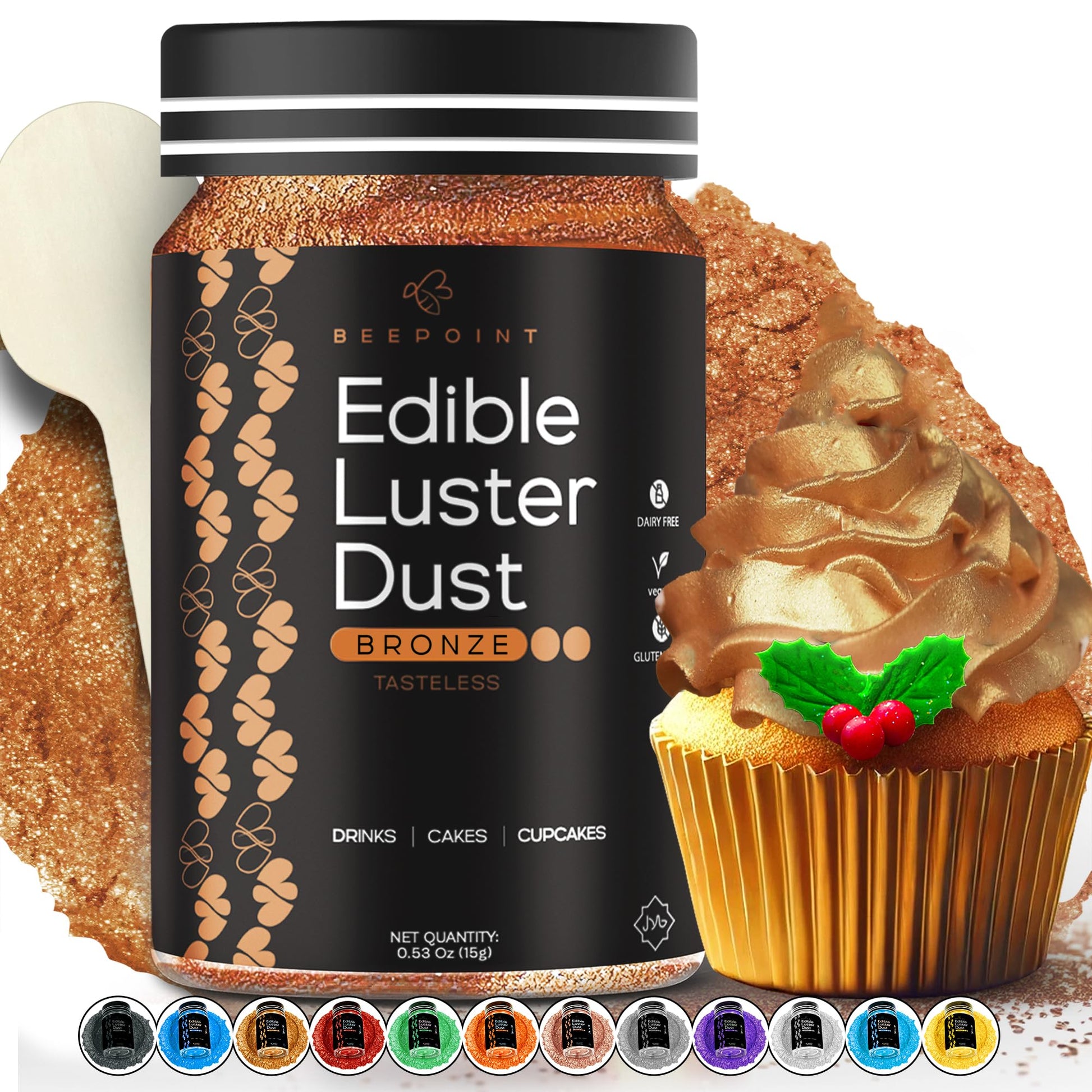 BeePoint Edible Glitter Luster Dust - Food Grade Shimmer Powder for Baking & Decorating - 15g - Bronze
