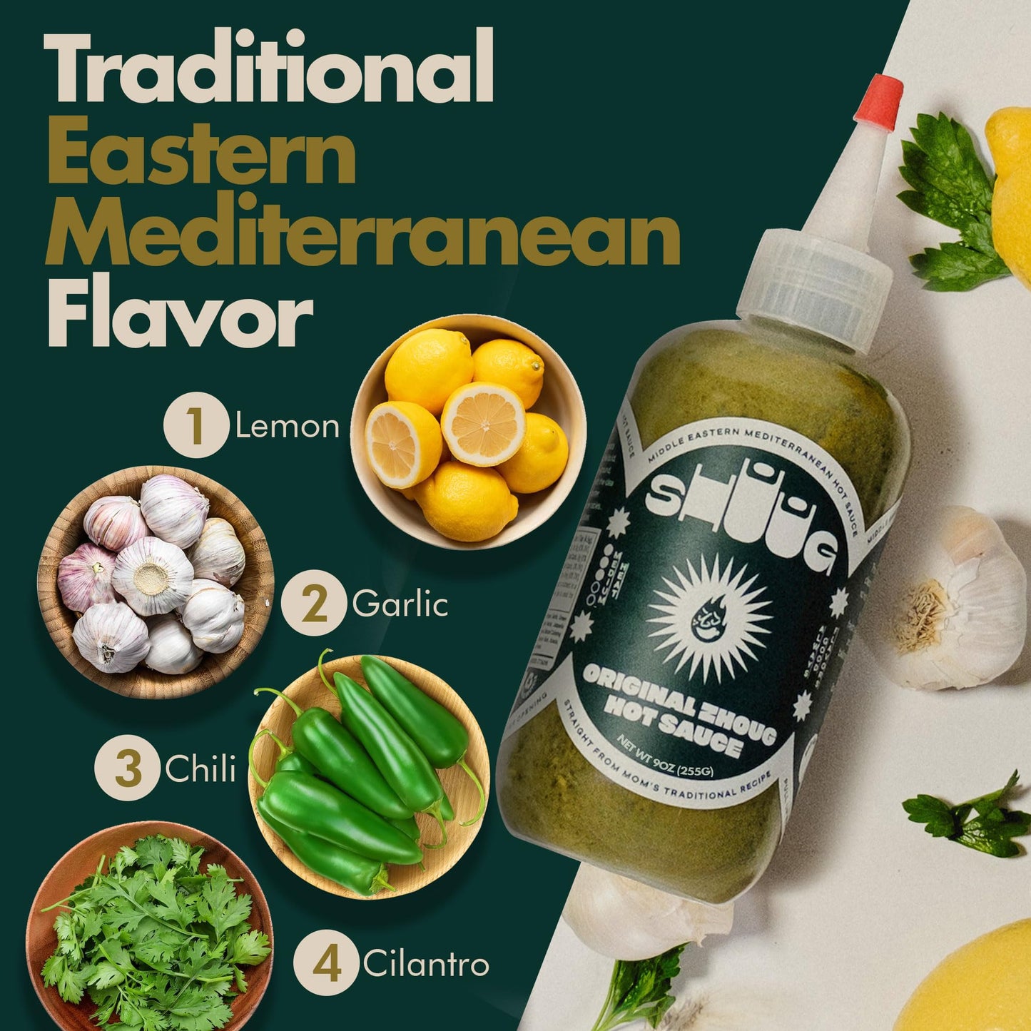 Middle Eastern Green Hot Sauce 9oz (Zhoug) | Organic Hot Sauce with Cilantro, Garlic, Jalapenos, Poblano, Scotch Bonnet Peppers,