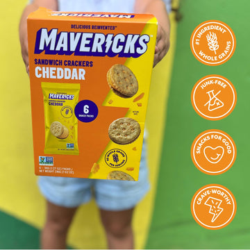 Mavericks Sandwich Crackers Variety Pack - Peanut Butter & Cheddar Snack Crackers, Whole Grain - 2 Boxes (6 Snack Packs of Each)