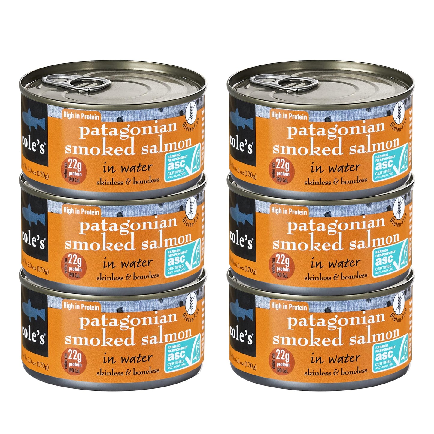 Coles Canned Salmon - Pack of 6, Patagonian Smoked, Skinless & Boneless, 6 oz Each, Rich in Protein, 2 Servings Per Container