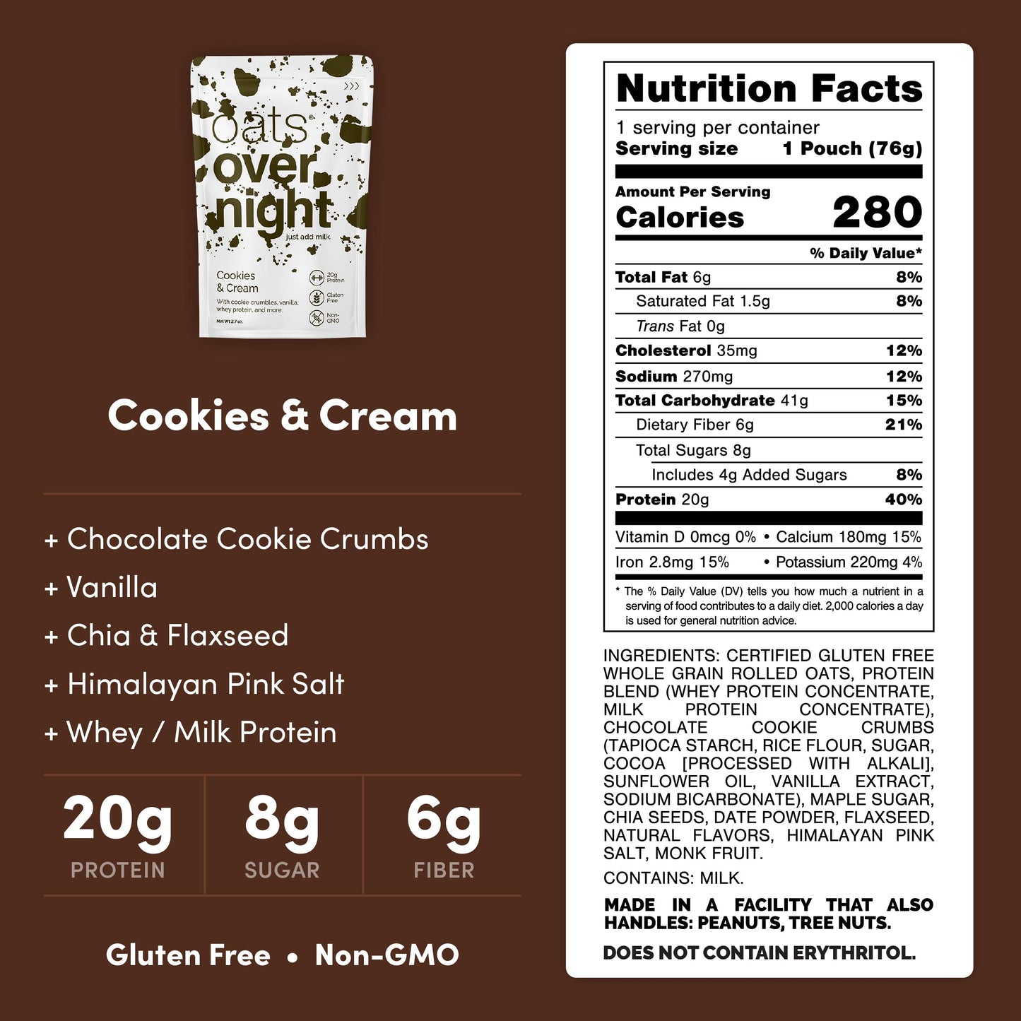 Oats Overnight Cookies & Cream Overnight Oats, 20g Protein, Gluten Free, 2.7 oz (Pack of 8 + Shaker Bottle)