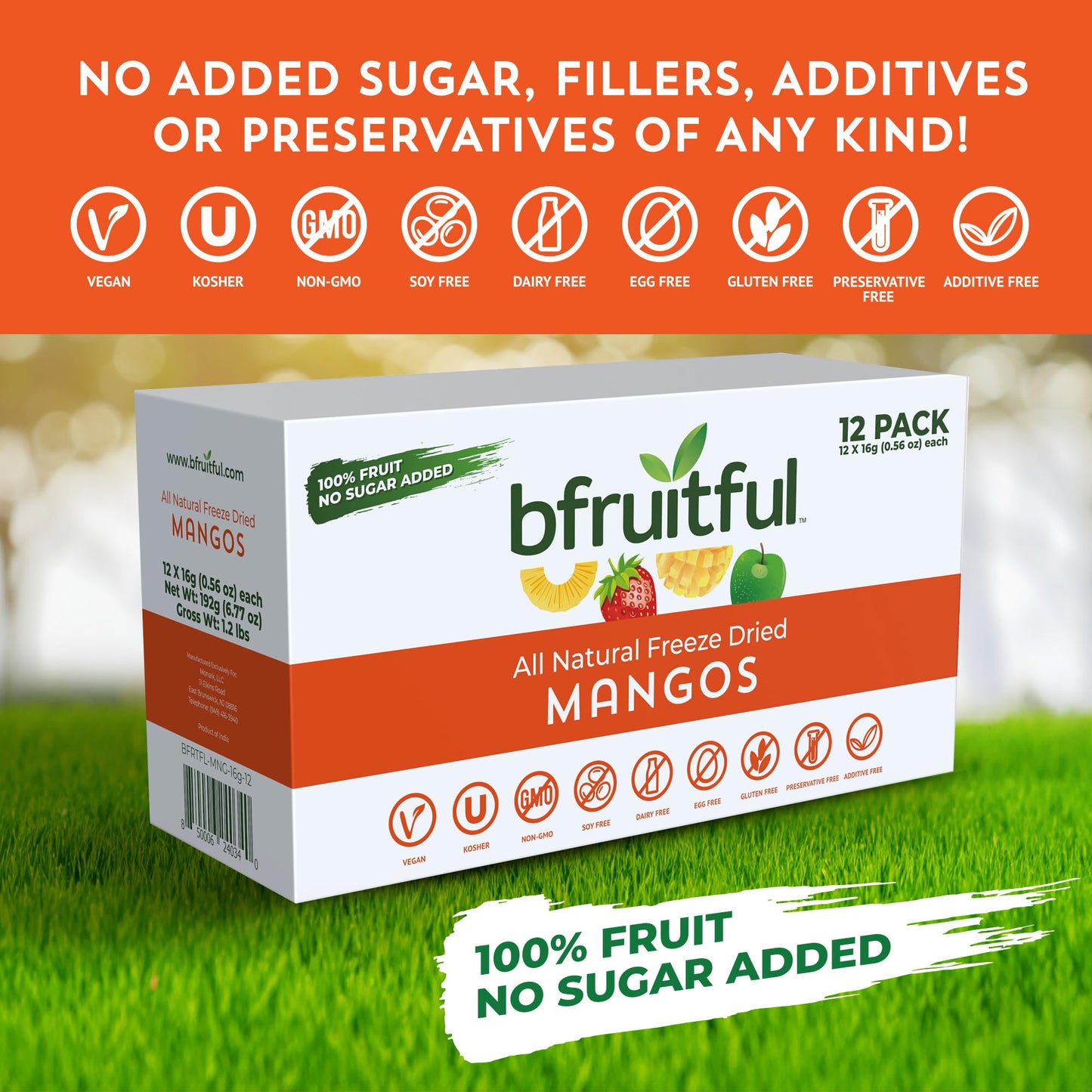 Bfruitful Freeze-Dried Mango, Freeze Dried Fresh Fruit Bites, Gluten Free, Vegan, Dairy Free, Kosher, No Sugar Added, Non Gmo, H
