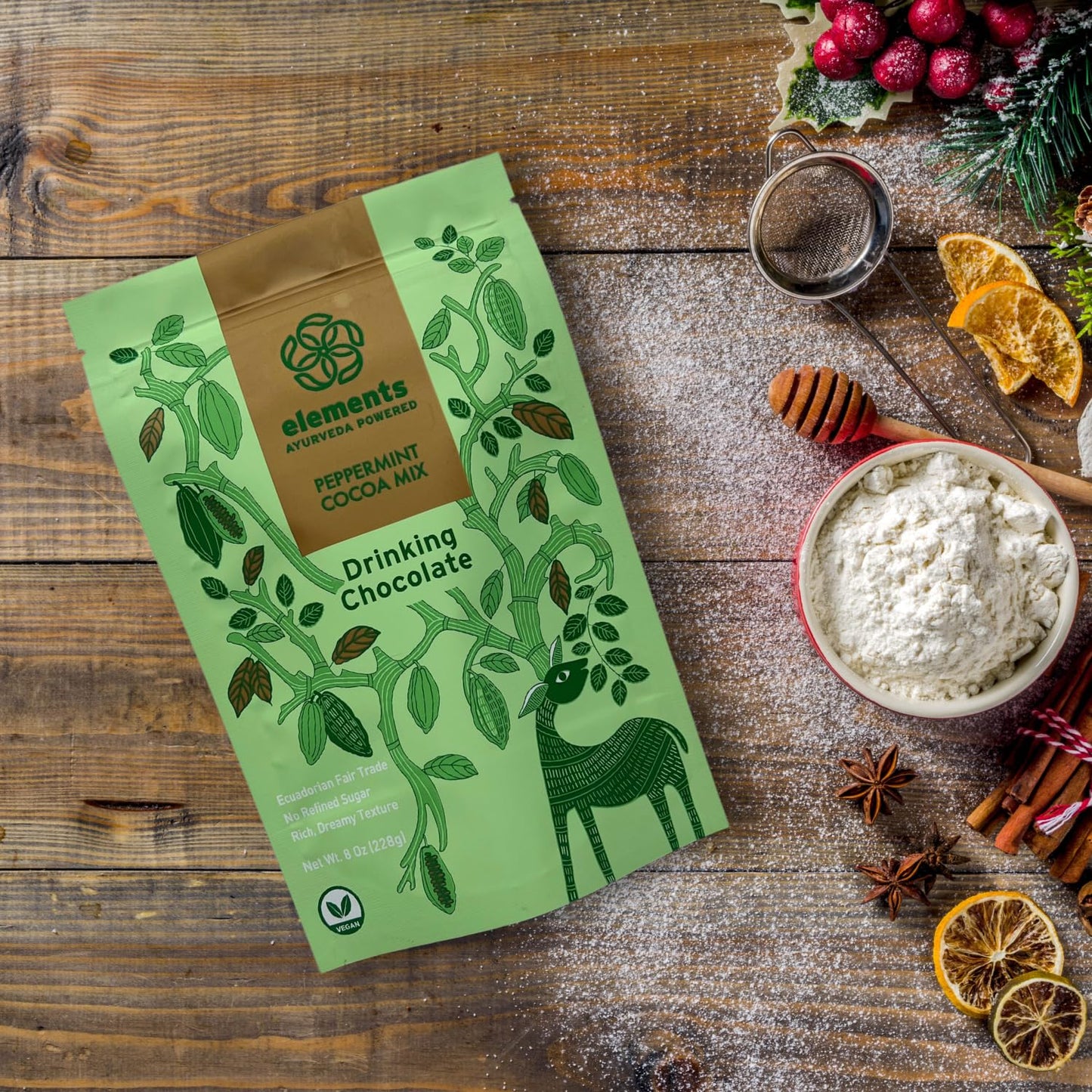 Elements Peppermint Hot Chocolate - All-Natural, Handmade Hot Chocolate Mix - Heavy Metal Tested - Fair Trade, Organic Cacao Powder - Plant Based & Ayurveda Inspired - Vegan Hot Cocoa Mix - 8 Ounce