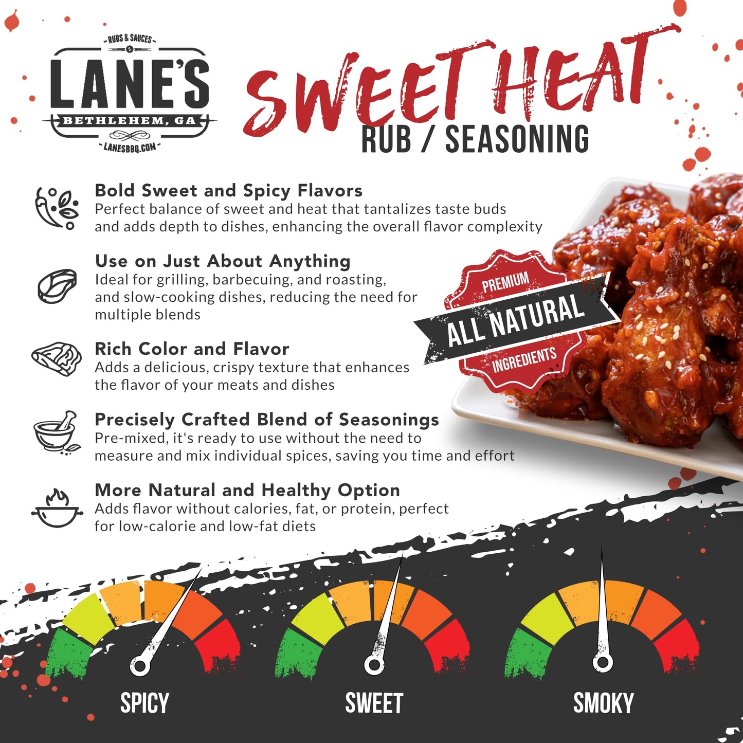Lanes Sweet Heat BBQ Brisket Rub, All-Natural Seasoning, 10.4 Oz, No MSG, Made in USA