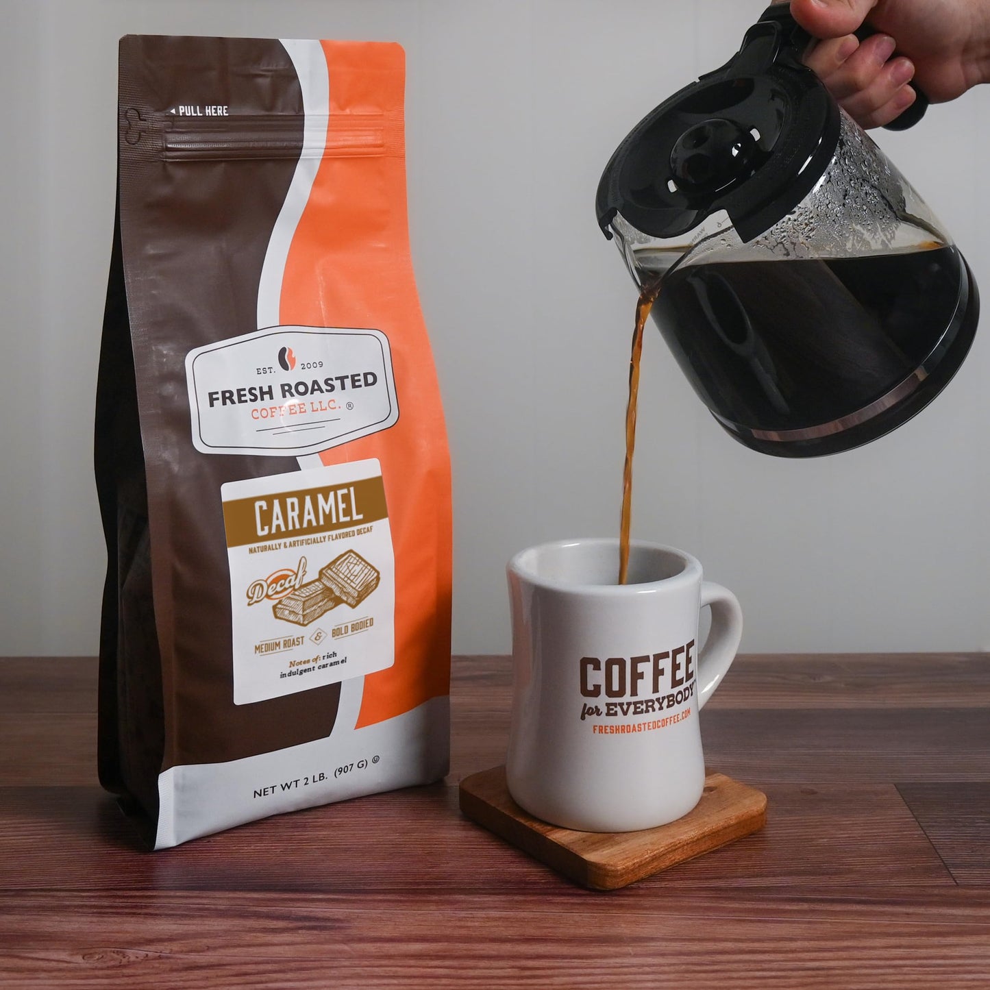 Fresh Roasted Coffee Decaf Caramel Flavor Ground Coffee Medium Roast 32 oz