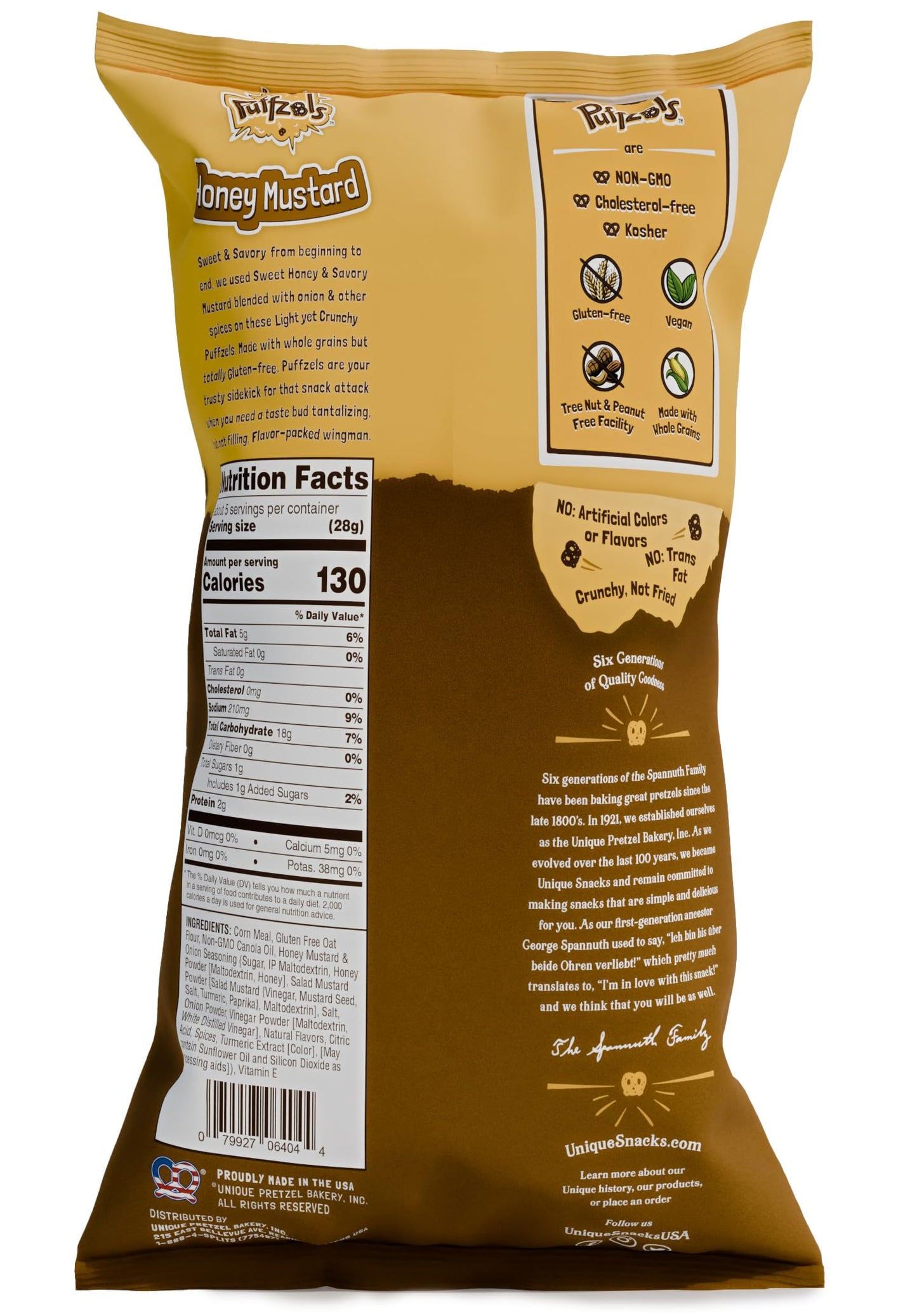 Unique Snacks Puffzels, Sweet Honey And Savory Mustard Flavor With A Fun Pretzel Crunch, Gluten-Free Snacks, 4.8 Oz. Snack Bag,