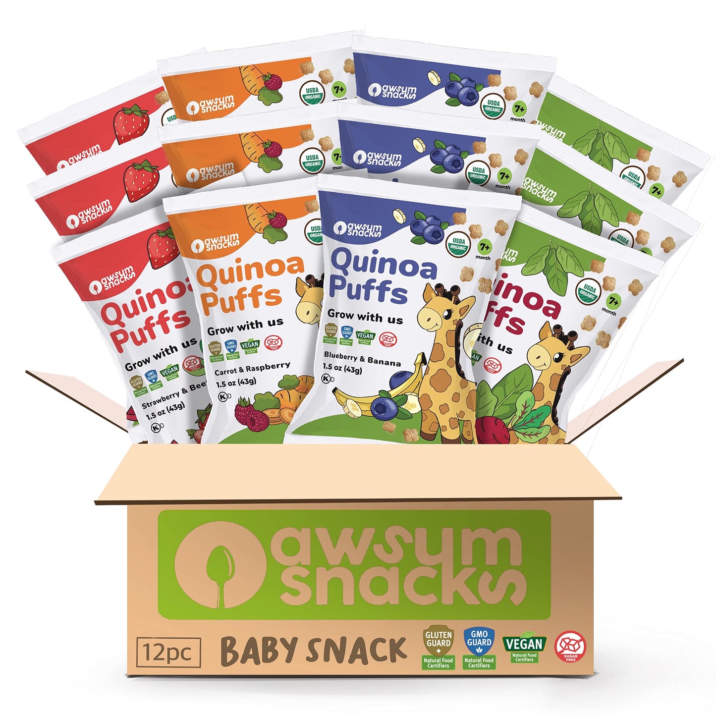 Awsum Snacks Variety Baby Puffs - Happy Healthy Baby Snack - Natural Plant Based Puffed Snacks - Certified Usda Organic Kosher N