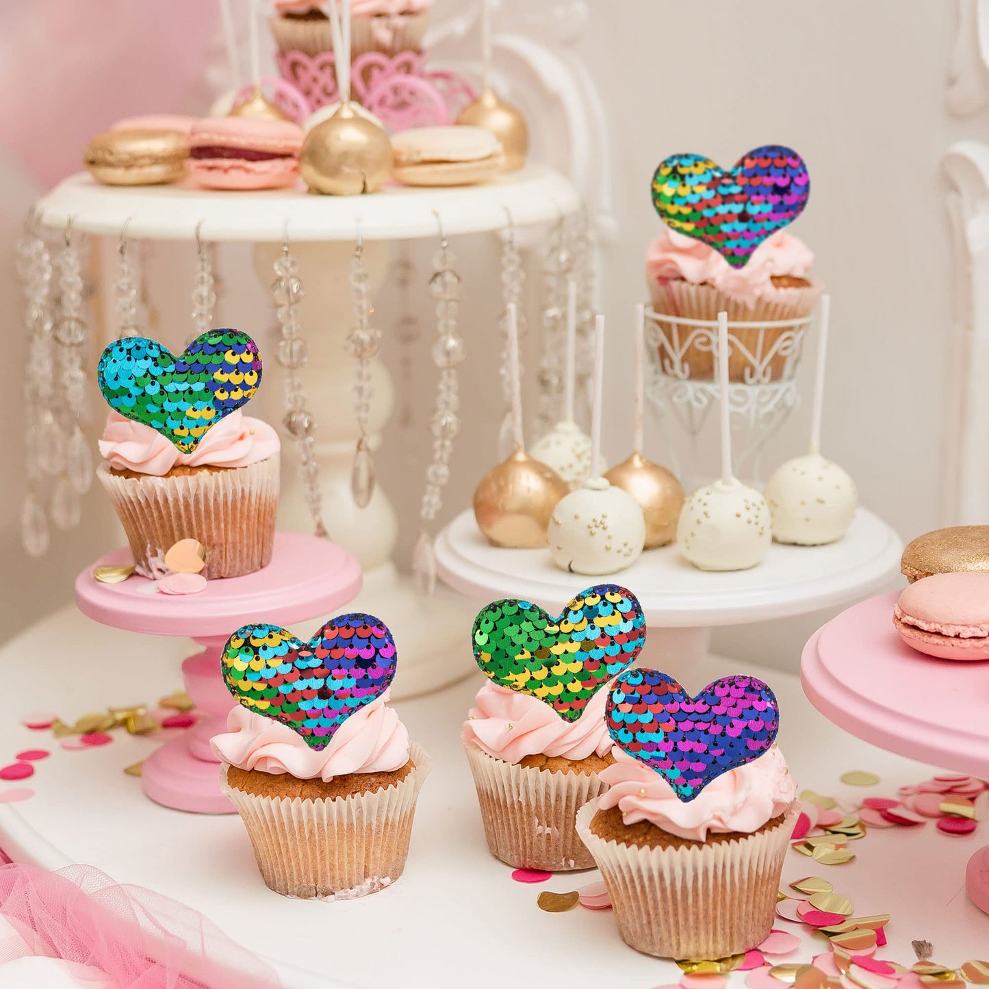 24Pcs Love Heart Cupcake Toppers Sequin Heart Multi Valentines Day Cupcake Picks Decorations For Valentine'S Day Theme Wedding E