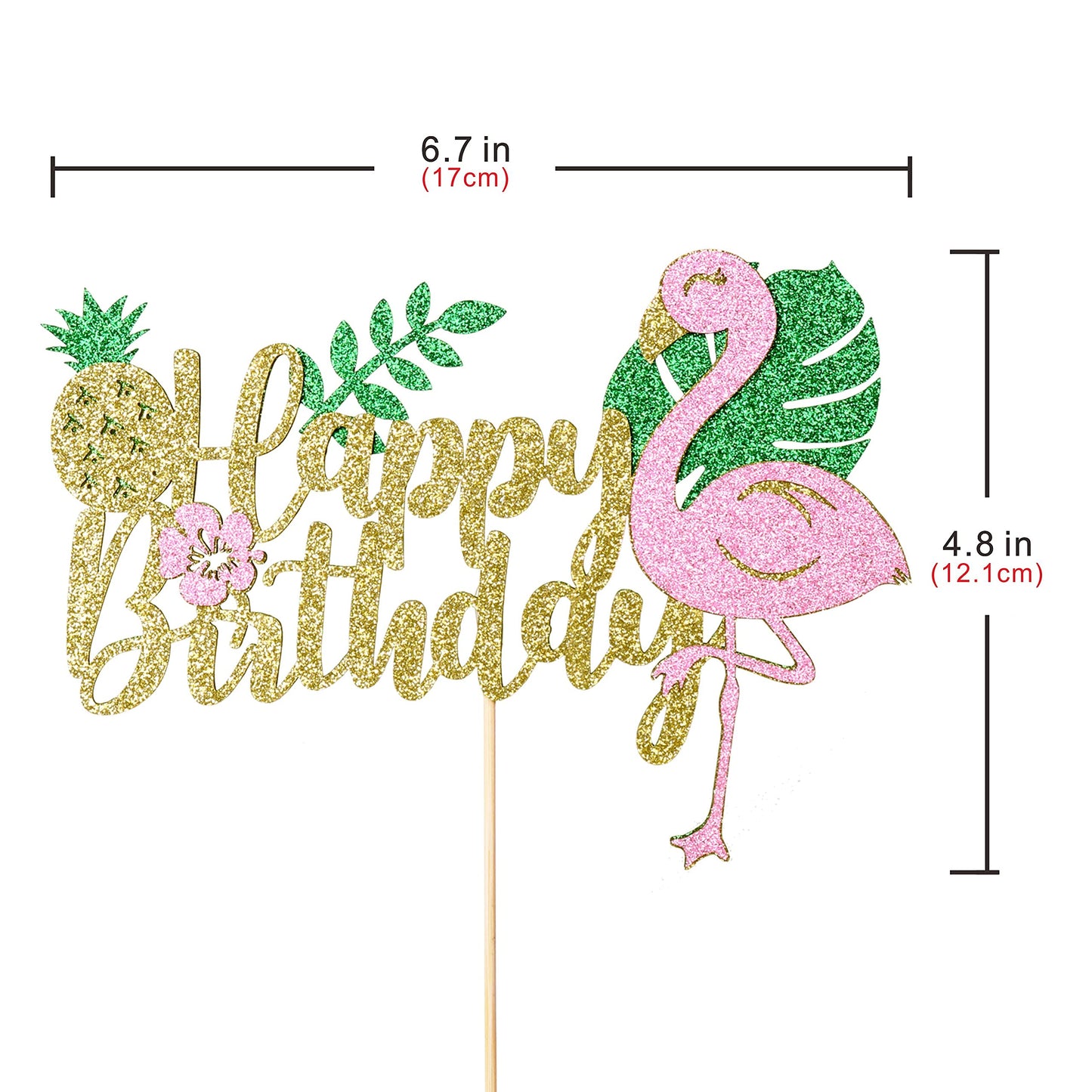Trelsan Golden Glitter Happy Birthday Cake Topper, Flamingo Palm Leaf Pineapple Cake Topper, Hawaii Theme Birthday Party Supplie