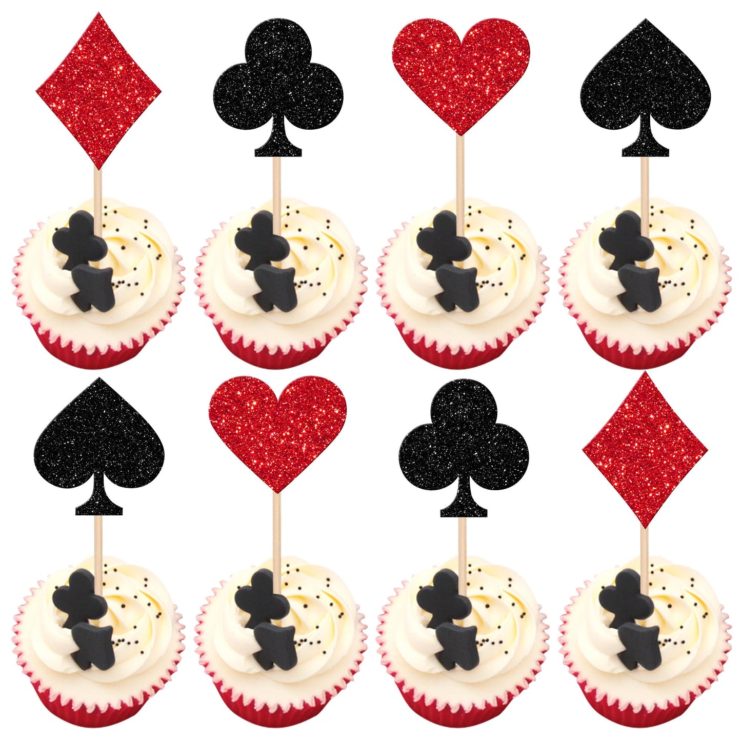 ZHUOWEISM Casino Poker Cupcake Toppers, 24 PCS, Glitter Paper, Design 7, Cake Decorations for Birthday Parties