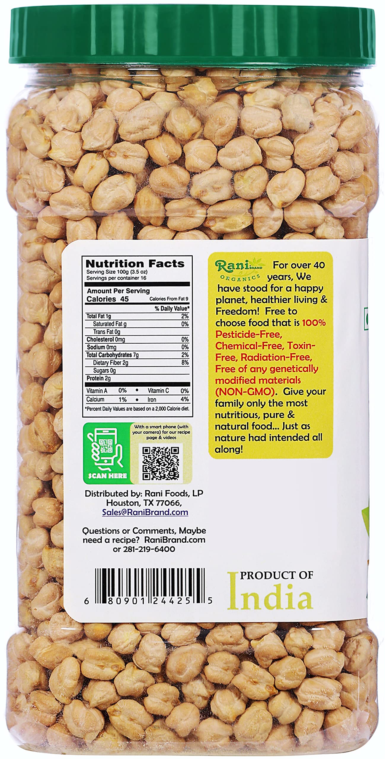Rani Organic Garbanzo Beans (Kabuli Chana) 48Oz (3Lbs) 1.36Kg Bulk Pet Jar ~ All Natural | Vegan | Gluten Friendly | Non-Gmo | I