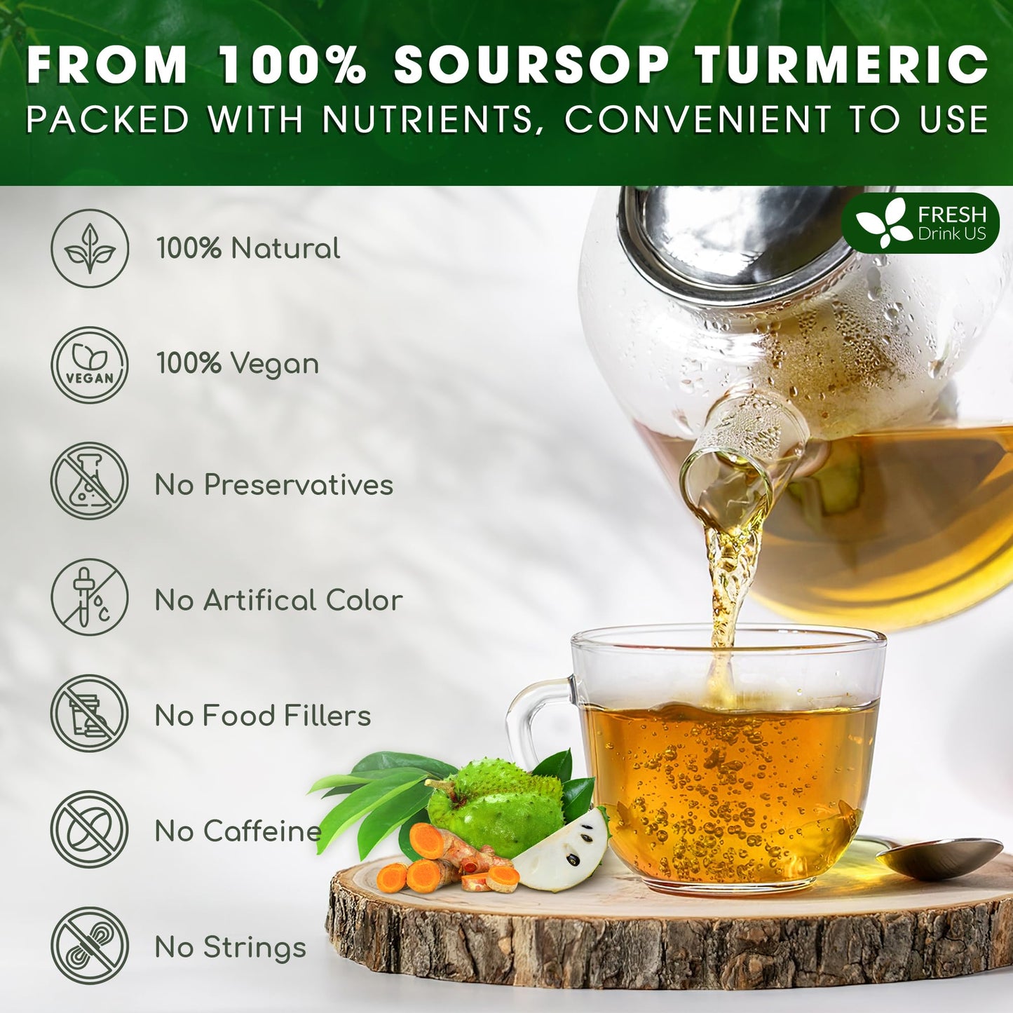 FRESHDRINKUS Premium Soursop Turmeric Tea Bags, 100% Natural, Vegan, 40 Special Bags