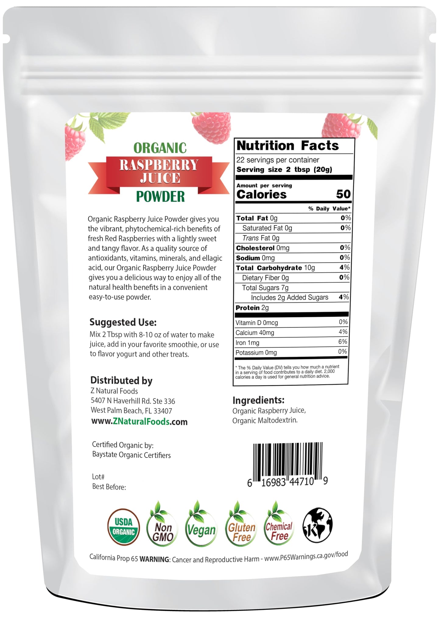 Z Natural Foods Organic Red Raspberry Juice Powder - Non GMO, Gluten Free, Vegan - 16 Ounce - Model 8116401