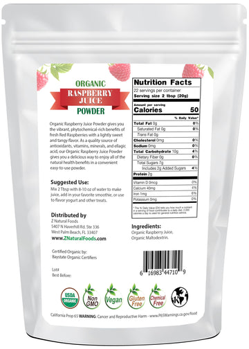 Z Natural Foods Organic Red Raspberry Juice Powder - Non GMO, Gluten Free, Vegan - 16 Ounce - Model 8116401