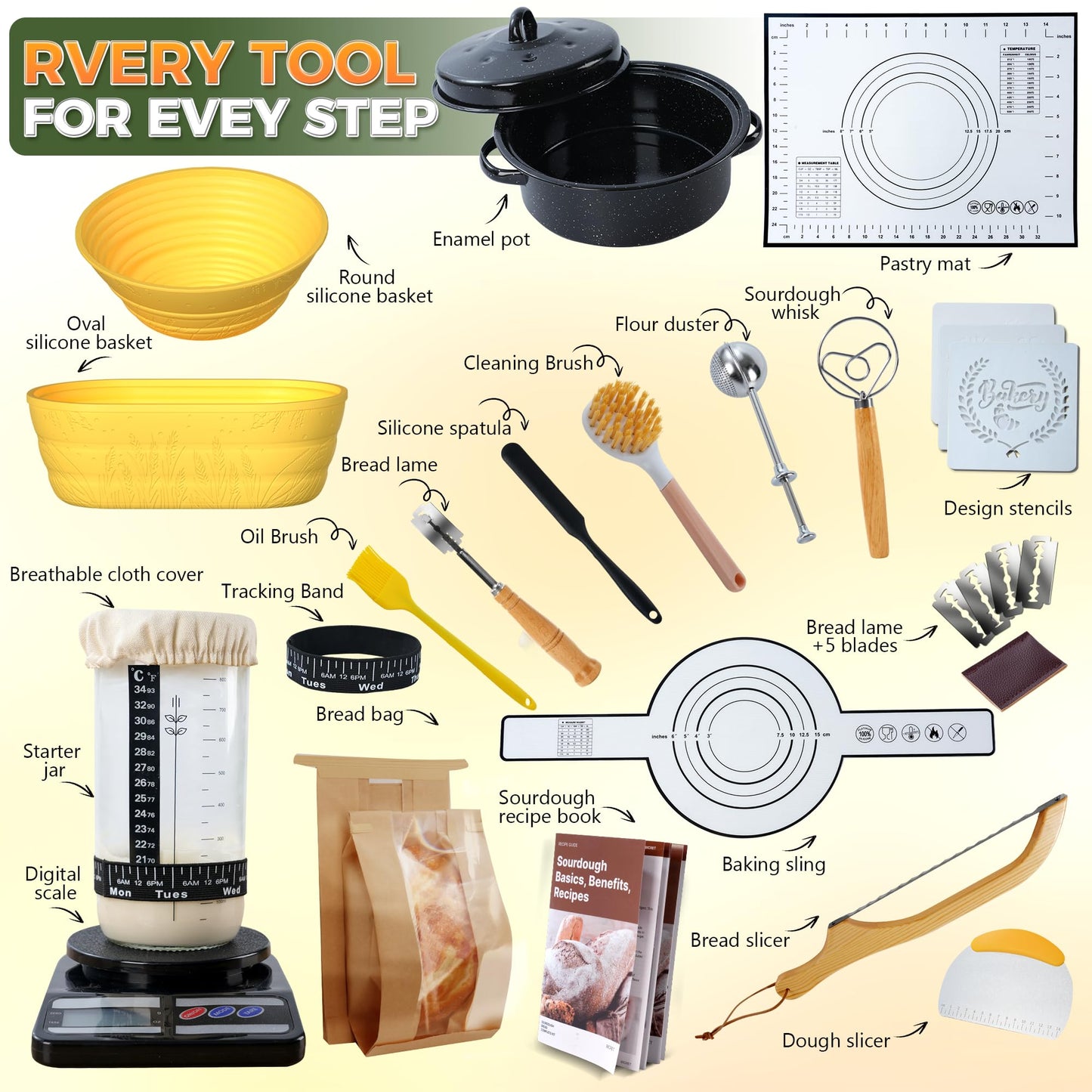 Sourdough Bread Baking Supplies 34 Oz Sourdough Starter Kit With Pot, 2 Silicone Bread Proofing Baskets, And Bread Making Tools