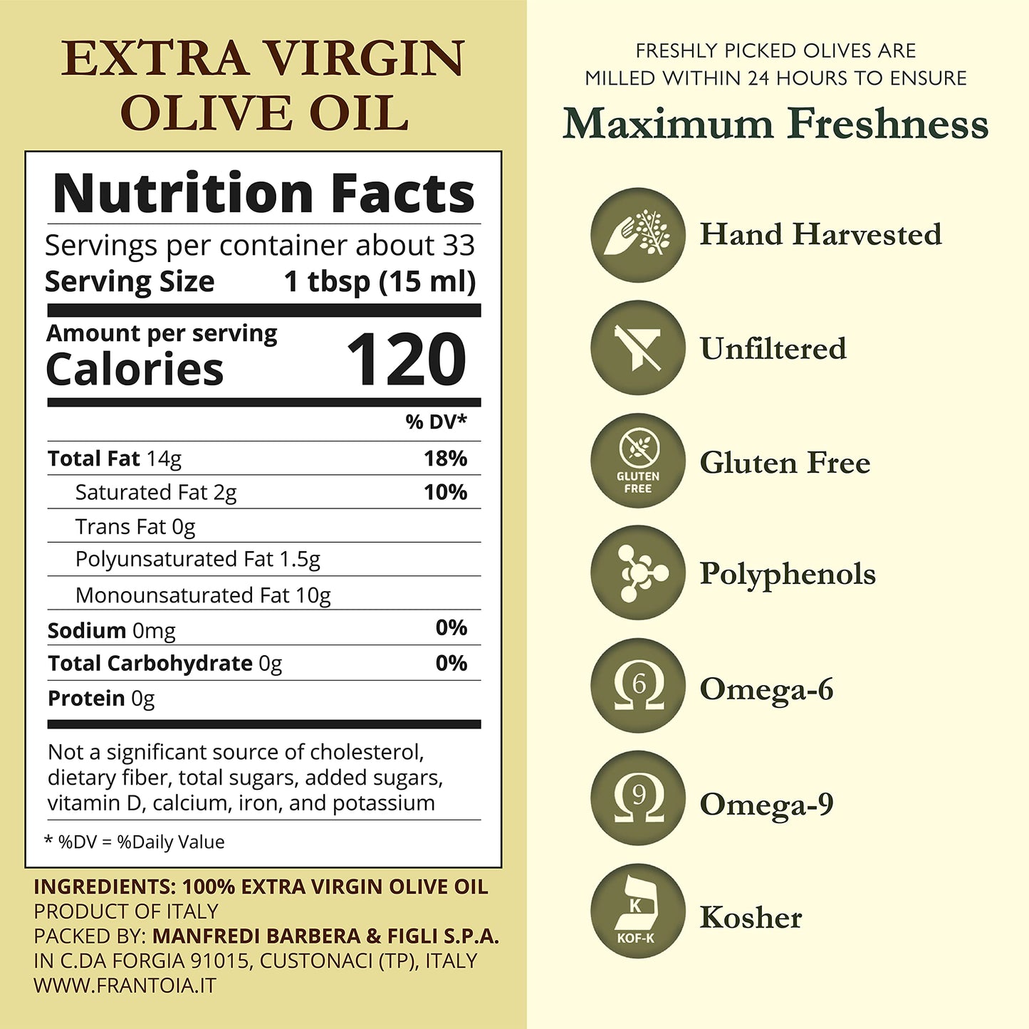 Frantoia Extra Virgin Olive Oil From Italy - Fruity, Unfiltered, Cold Extracted Authentic Sicilian Olive Oil - Fresh Harvest Imported Olive Oil From Italy (101.4 Fl Oz)