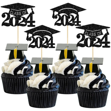 Gyufise 24Pcs Graduation Cap Cupcake Toppers Black Glitter Graduation 2024 Cake Decorations For 2024 Graduation Theme Party Cake