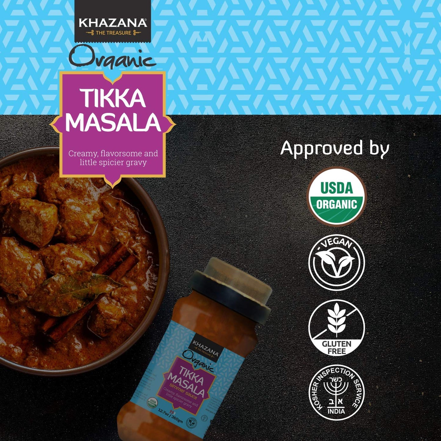 Khazana Organic Tikka Masala Indian Simmer Sauce - 6 X 12.7Oz Jars | Non-Gmo, Vegan, Gluten Free, Kosher | Authentic Indian Meal