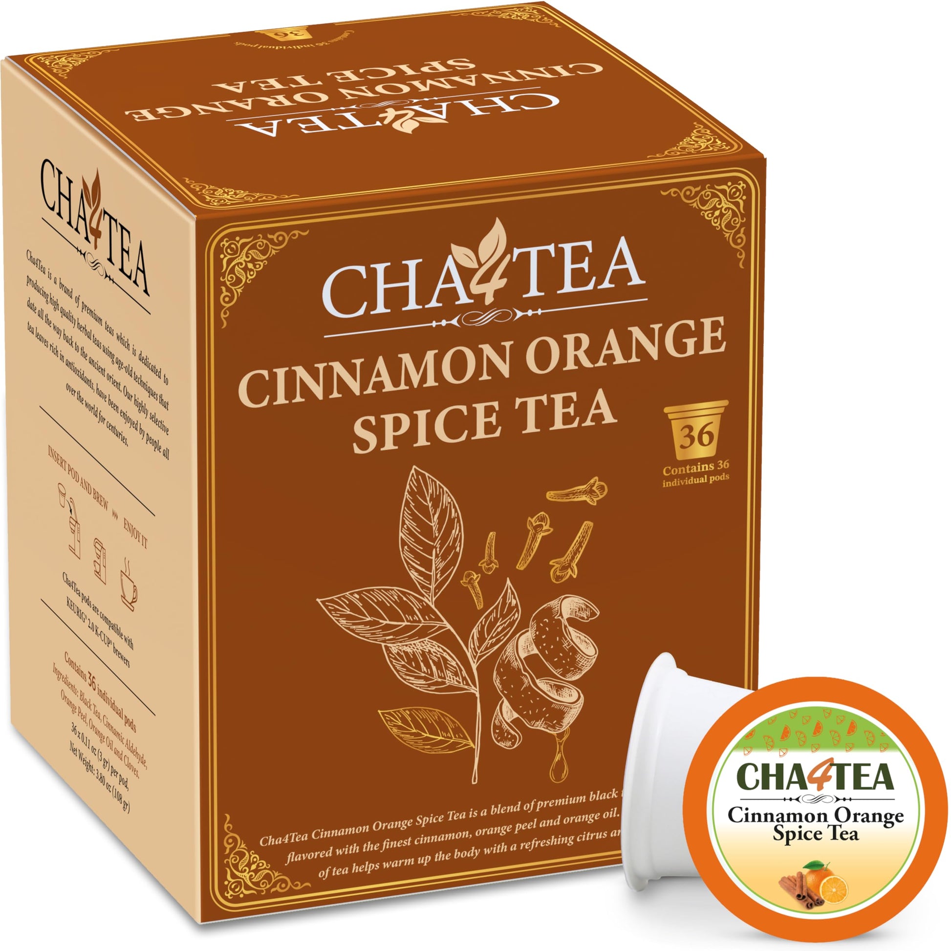 Cha4TEA Cinnamon Orange Spice Herbal Tea Pods for Keurig - 36 Count