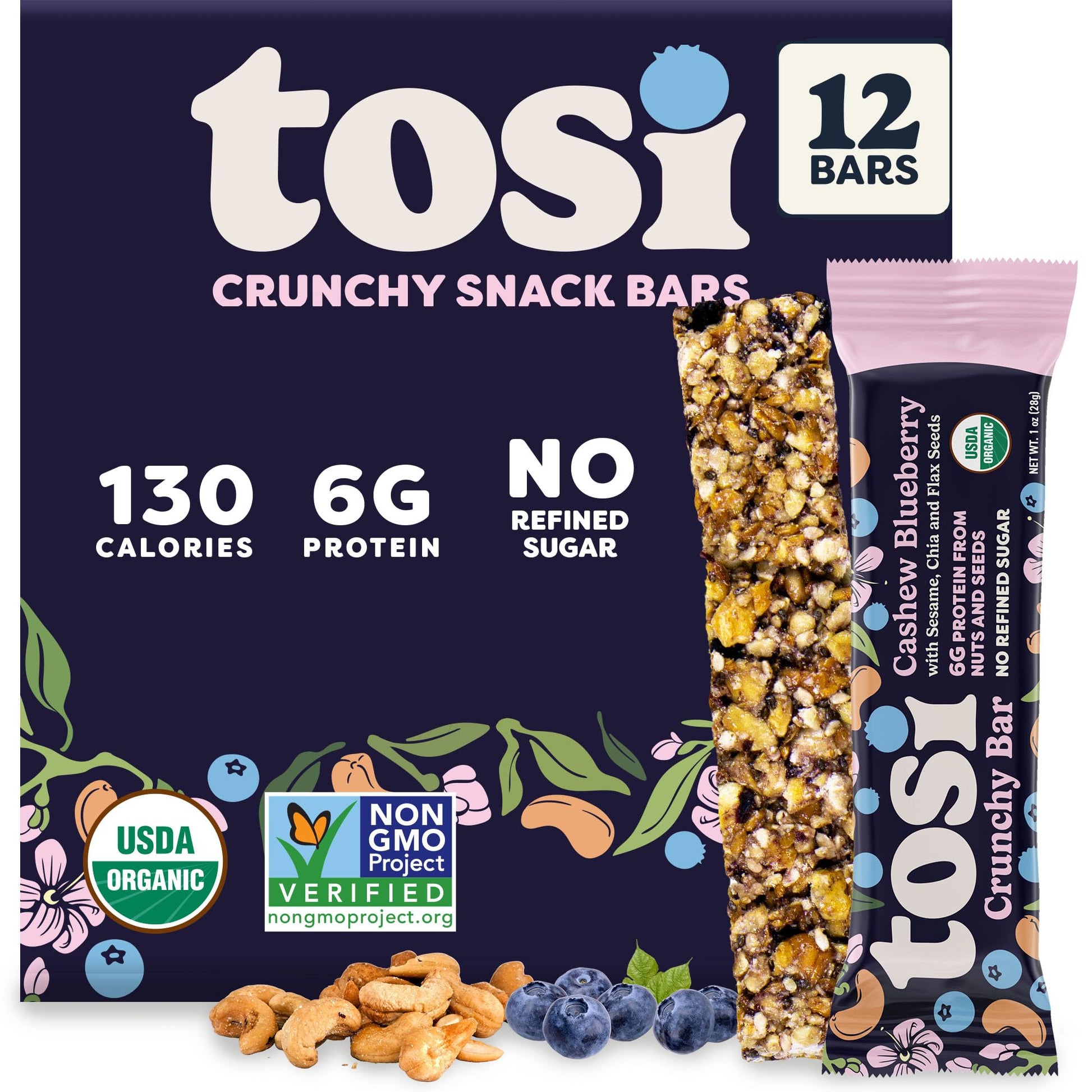 Tosi Cashew Blueberry Protein Bars - Crunchy Nut & Seed Vegan Snack Bars, Gluten Free, 6g Plant Based Protein, Organic Flax, Chi