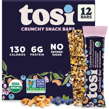 Tosi Cashew Blueberry Protein Bars - Crunchy Nut & Seed Vegan Snack Bars, Gluten Free, 6g Plant Based Protein, Organic Flax, Chi