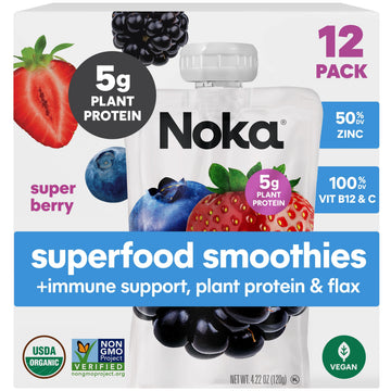 Noka Organic Superfood Smoothie Pouches - Super Berry - Immune Support with Elderberry, Vitamin C & Plant Protein, Organic Healt