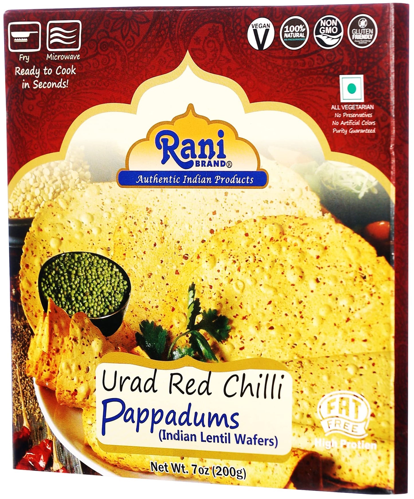 Rani Pappadums (Indian Lentil Wafer Snack) Red Chilli Papad 7Oz (200G) Approximately 15Pc, 7 Inches ~ All Natural | Gluten Frien