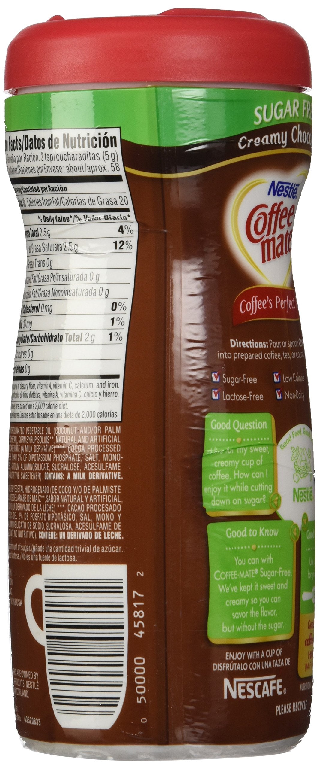 Nestle Coffee Mate Sugar Free Powdered Creamer Chocolate, 10.2 Oz (Pack Of 6
