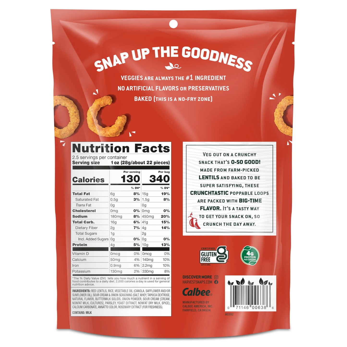 Harvest Snaps Veggie Chips (Sour Cream And Onion Crunchy Loops) | Powered By Plant Protein, Gluten Free, Non-Gmo Baked Vegetable