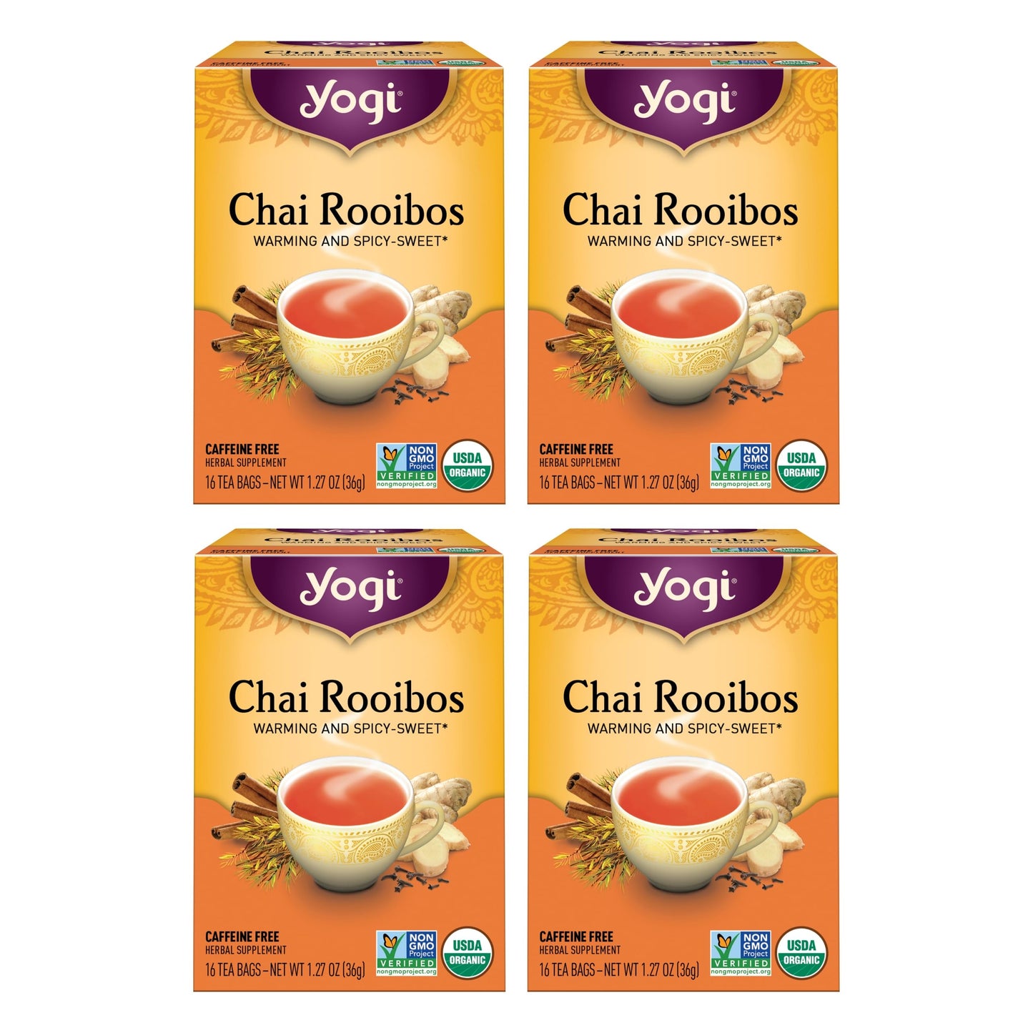 Yogi Tea Chai Rooibos Tea - Organic Caffeine-Free - 64 Count (4 Packs) - Includes Cardamom, Cinnamon, Ginger & Clove