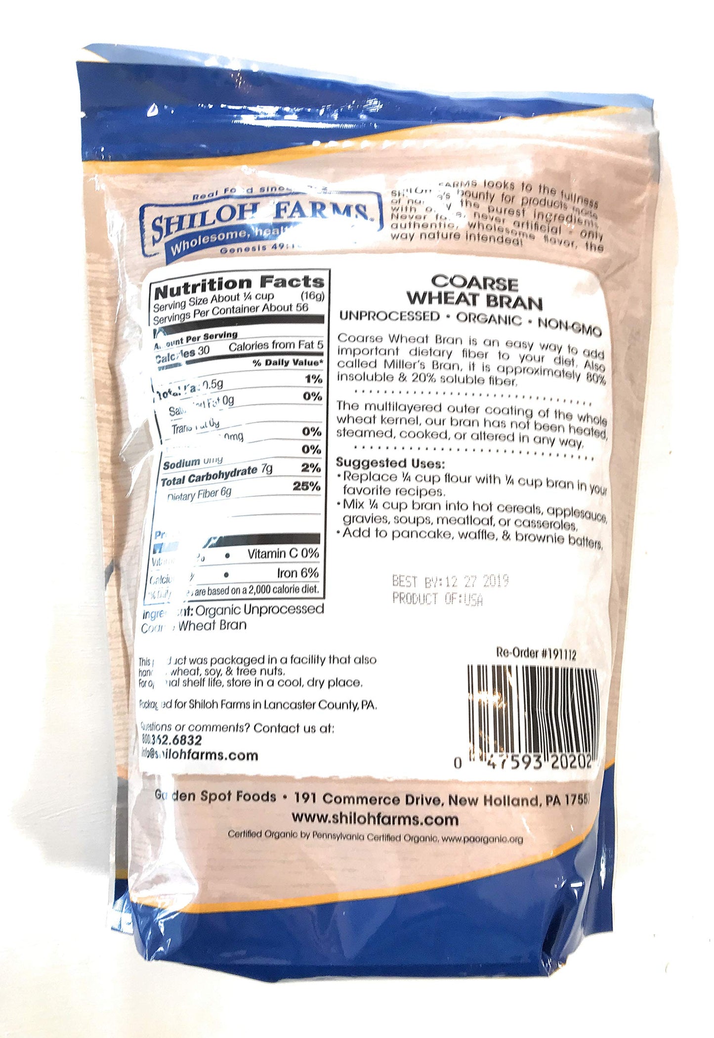 Shiloh Farms - Organic Unprocessed Coarse Wheat Bran - 32 Ounce