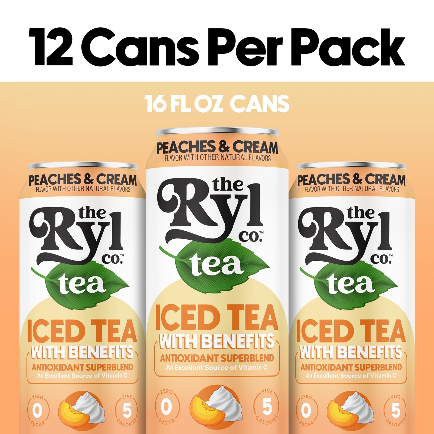Ryl Iced Tea, Peaches & Cream Tea, Antioxidant Superblend, Zero Sugar, Low Carb, Zero Calorie Iced Tea, 16.0 Fl Oz (12-Pack)