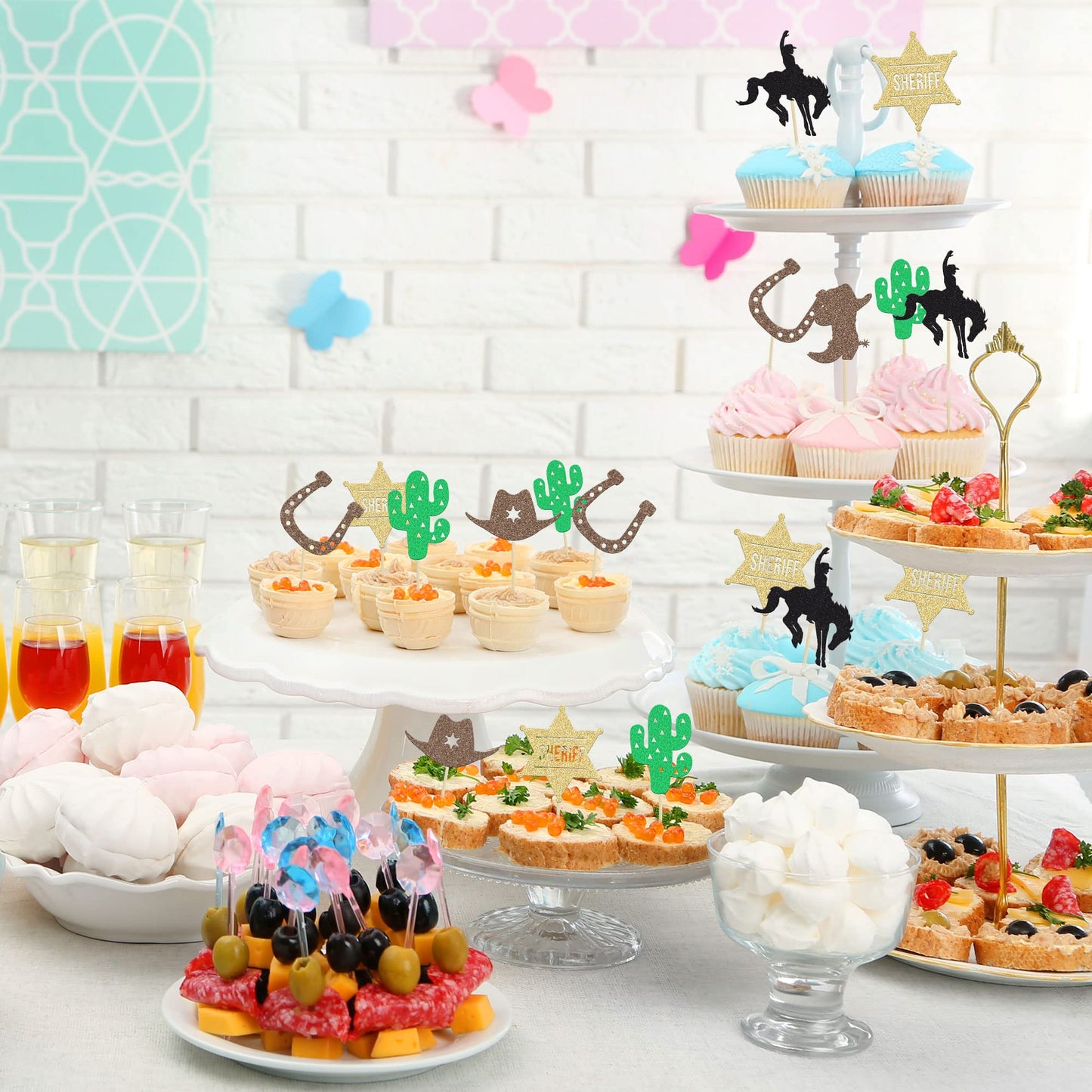 Gyufise Cowboy Cupcake Toppers, 24Pcs Glitter HorseShoe & Hats, Small, Brown, Paper Decorations for Western Theme Parties