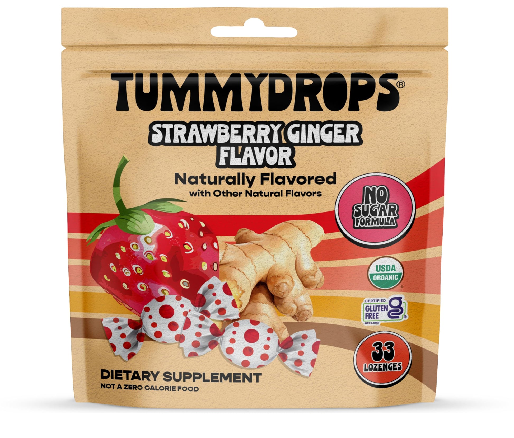 Tummydrops, No Sugar Strawberry Ginger Flavor, Gluten Free & Vegan, 33 Individually Wrapped Organic Ginger Lozenges Made with Or