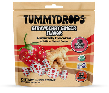 Tummydrops, No Sugar Strawberry Ginger Flavor, Gluten Free & Vegan, 33 Individually Wrapped Organic Ginger Lozenges Made with Or