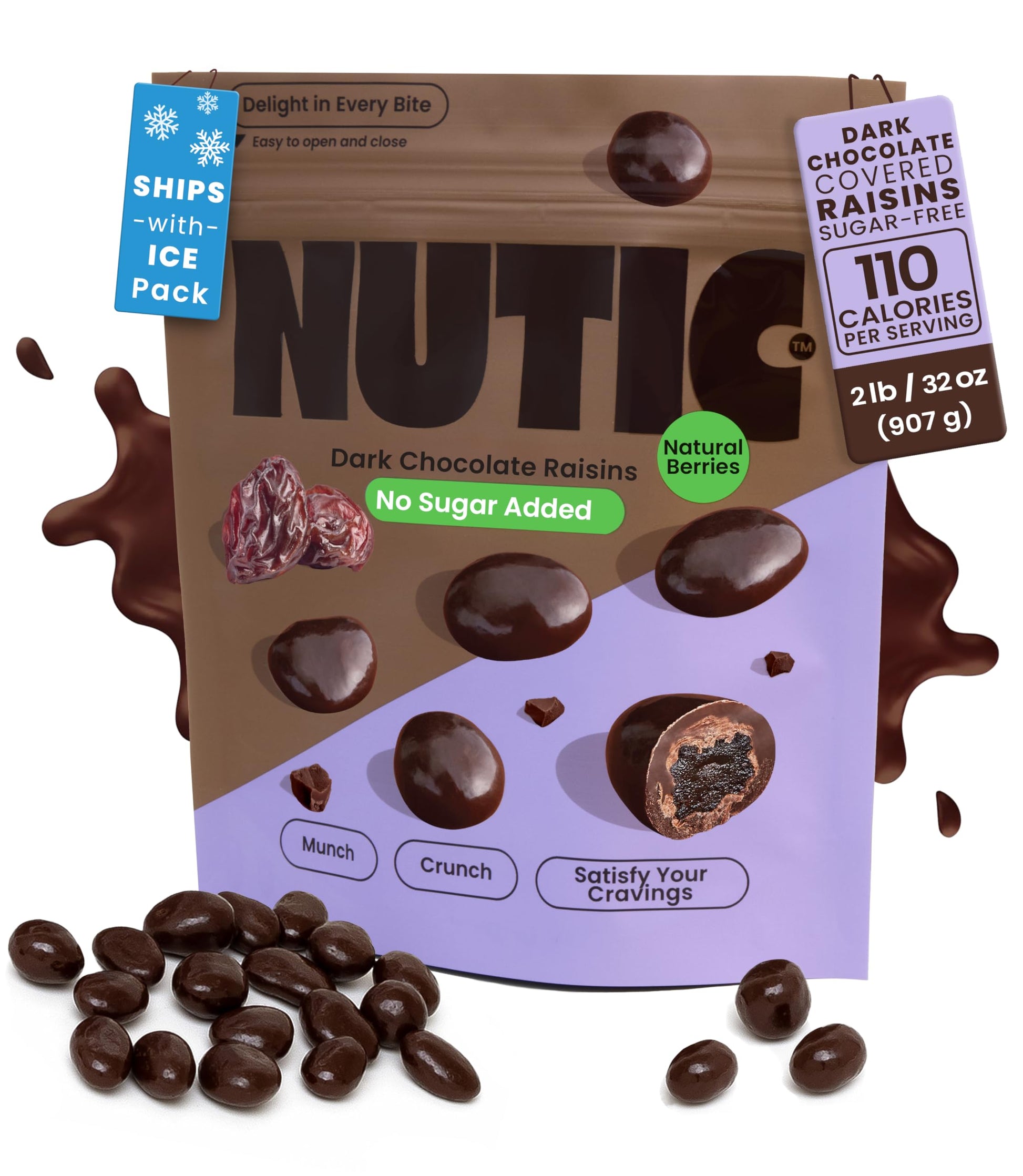 Nutic Dark Chocolate Covered Raisins - 2Lb - No Added Sugar, Fresh Dark Chocolate Pouches For Movie Nights & Gifts - Luxurious &