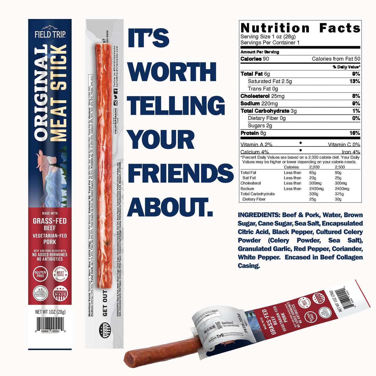 Field Trip Grass Fed Jerky Snack Sticks, Keto, Gluten Free, High Protein, 24 oz, Original Sea Salt, 24 Pack